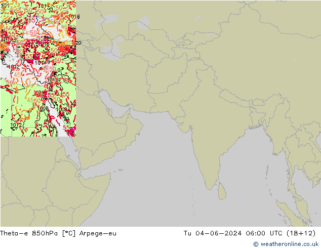 Theta-e 850hPa Arpege-eu 星期二 04.06.2024 06 UTC