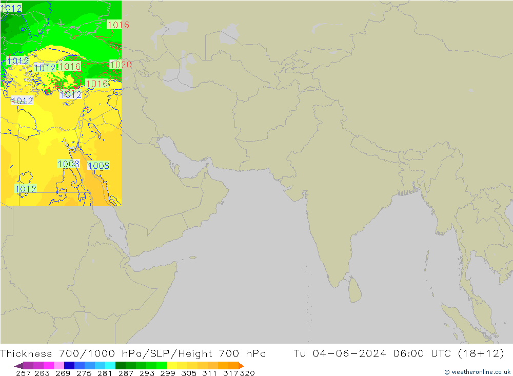 Thck 700-1000 hPa Arpege-eu 星期二 04.06.2024 06 UTC