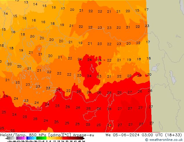 Height/Temp. 850 hPa Arpege-eu We 05.06.2024 03 UTC