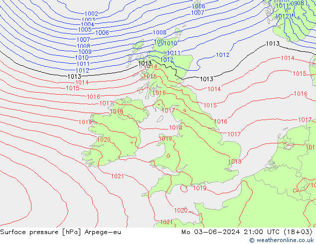 Surface pressure Arpege-eu Mo 03.06.2024 21 UTC