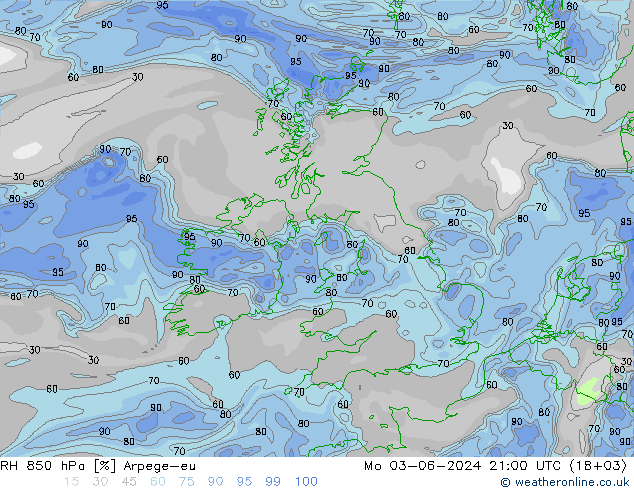 850 hPa Nispi Nem Arpege-eu Pzt 03.06.2024 21 UTC