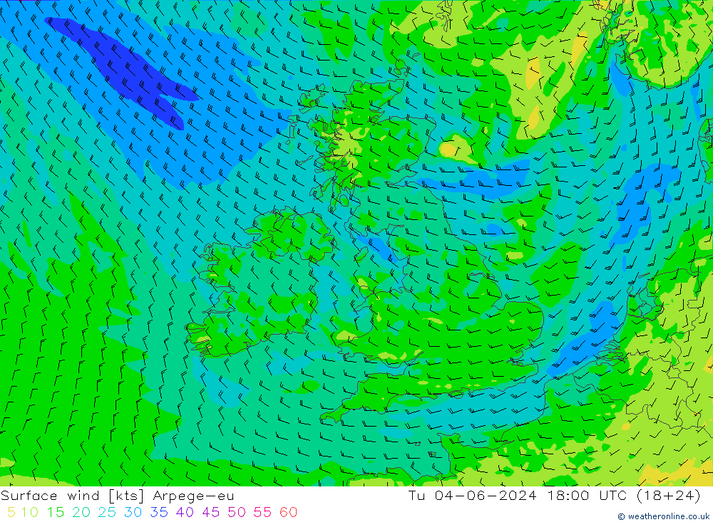 Surface wind Arpege-eu Út 04.06.2024 18 UTC