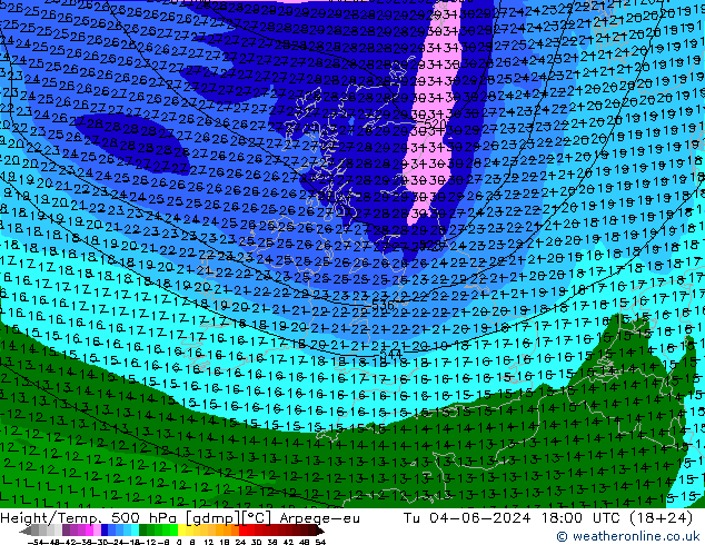 Height/Temp. 500 hPa Arpege-eu  04.06.2024 18 UTC