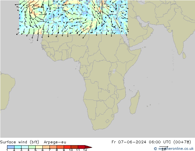 Surface wind (bft) Arpege-eu Pá 07.06.2024 06 UTC