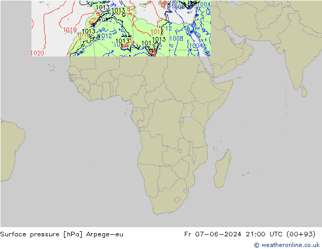 Pressione al suolo Arpege-eu ven 07.06.2024 21 UTC