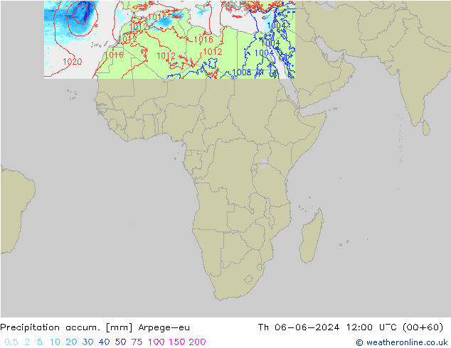 Precipitation accum. Arpege-eu czw. 06.06.2024 12 UTC