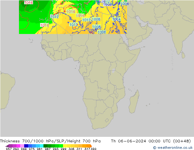 Thck 700-1000 гПа Arpege-eu чт 06.06.2024 00 UTC