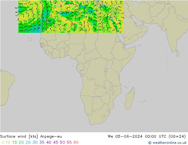 Surface wind Arpege-eu We 05.06.2024 00 UTC