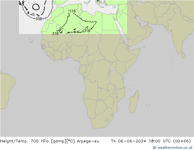 Height/Temp. 700 hPa Arpege-eu czw. 06.06.2024 18 UTC