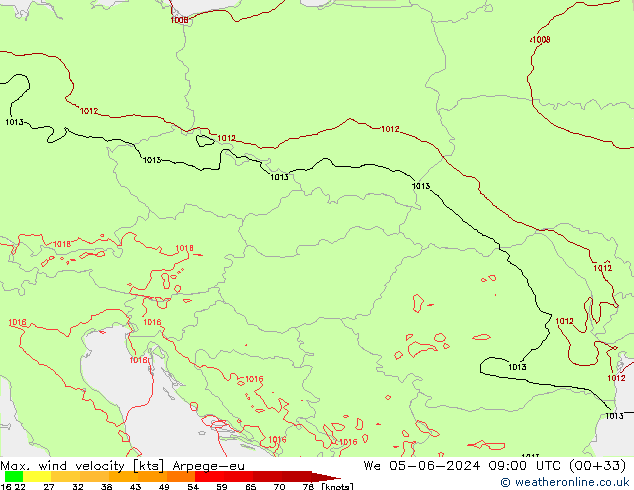 Max. wind velocity Arpege-eu Qua 05.06.2024 09 UTC