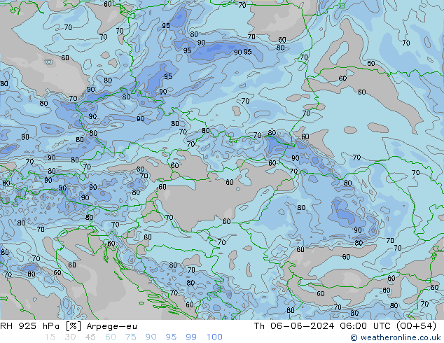 Humidité rel. 925 hPa Arpege-eu jeu 06.06.2024 06 UTC
