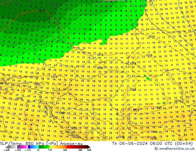 SLP/Temp. 850 hPa Arpege-eu jeu 06.06.2024 06 UTC