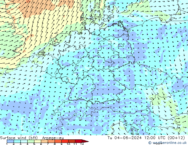 Bodenwind (bft) Arpege-eu Di 04.06.2024 12 UTC