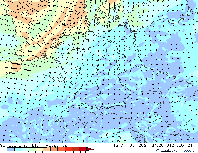 Surface wind (bft) Arpege-eu Tu 04.06.2024 21 UTC