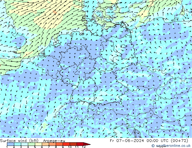 Wind 10 m (bft) Arpege-eu vr 07.06.2024 00 UTC