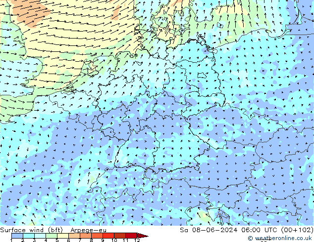 Surface wind (bft) Arpege-eu Sa 08.06.2024 06 UTC