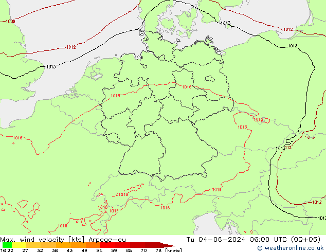 Max. wind velocity Arpege-eu Tu 04.06.2024 06 UTC