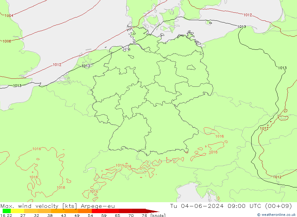 Max. wind velocity Arpege-eu Tu 04.06.2024 09 UTC