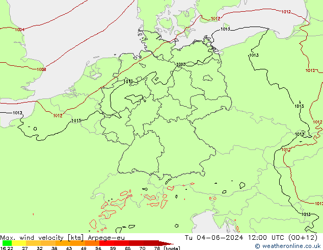 Max. wind snelheid Arpege-eu di 04.06.2024 12 UTC