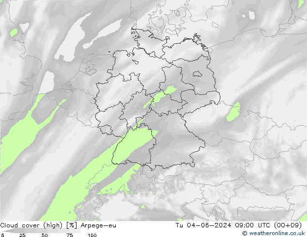 Cloud cover (high) Arpege-eu Tu 04.06.2024 09 UTC