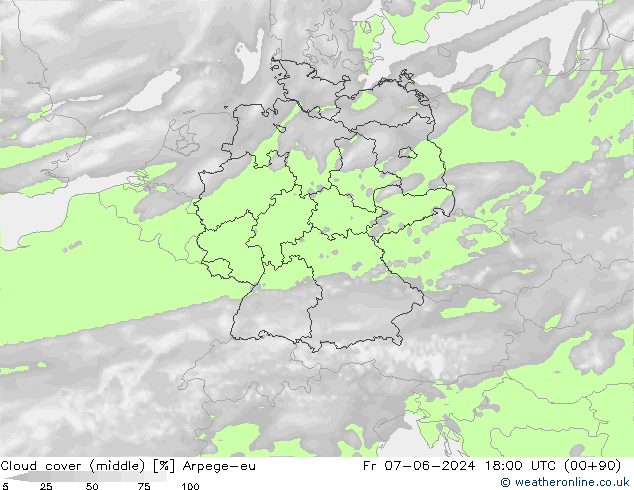 Cloud cover (middle) Arpege-eu Fr 07.06.2024 18 UTC