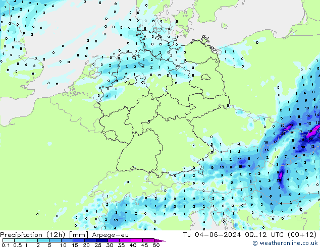 Precipitation (12h) Arpege-eu Tu 04.06.2024 12 UTC