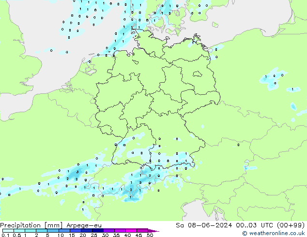 Precipitazione Arpege-eu sab 08.06.2024 03 UTC