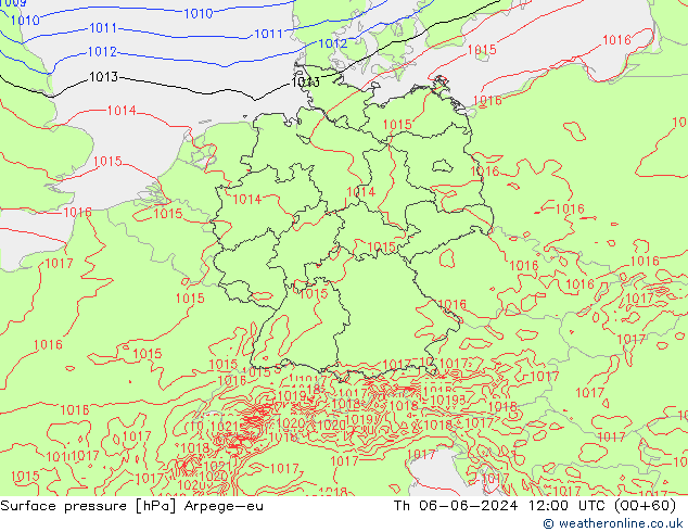 Presión superficial Arpege-eu jue 06.06.2024 12 UTC