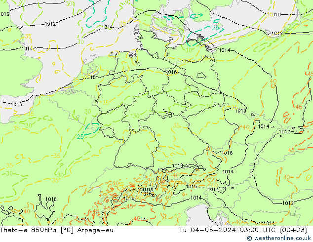 Theta-e 850hPa Arpege-eu Tu 04.06.2024 03 UTC