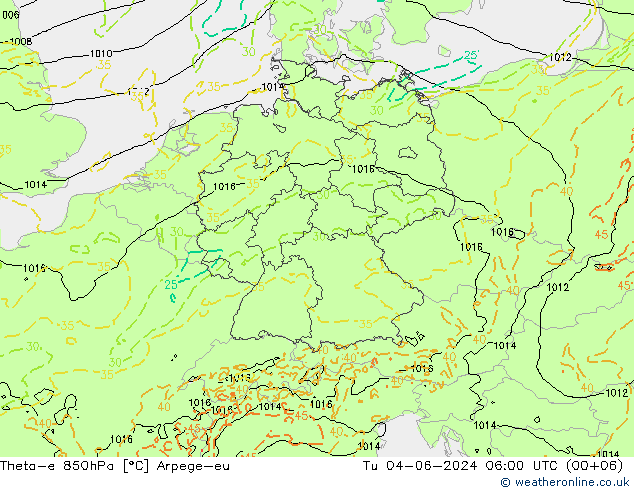 Theta-e 850hPa Arpege-eu wto. 04.06.2024 06 UTC