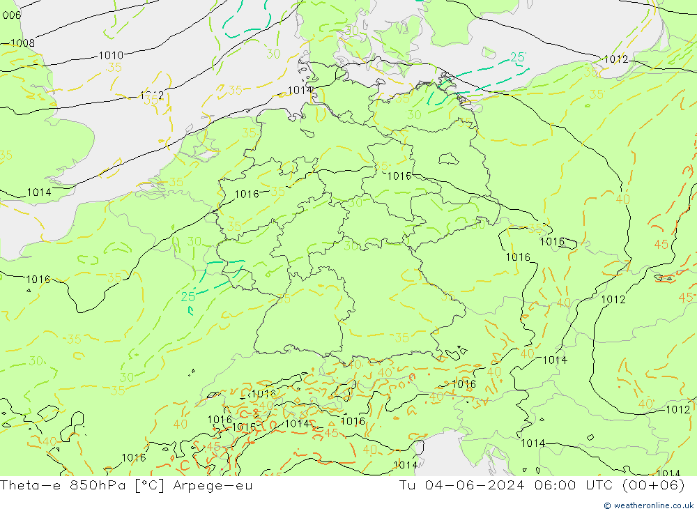 Theta-e 850hPa Arpege-eu mar 04.06.2024 06 UTC