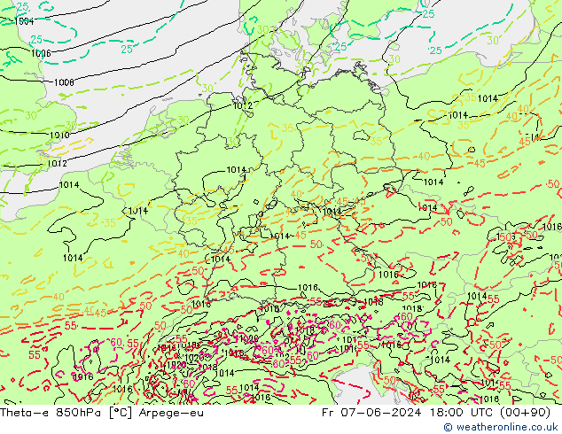 Theta-e 850hPa Arpege-eu Fr 07.06.2024 18 UTC