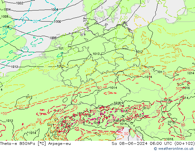 Theta-e 850гПа Arpege-eu сб 08.06.2024 06 UTC