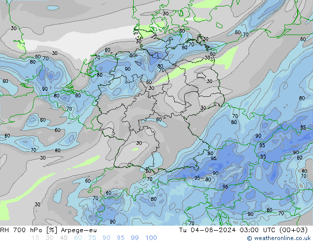 RH 700 hPa Arpege-eu mar 04.06.2024 03 UTC