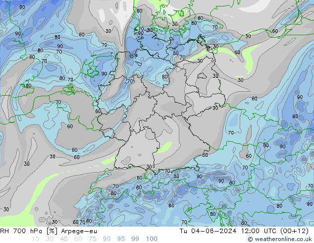 Humidité rel. 700 hPa Arpege-eu mar 04.06.2024 12 UTC