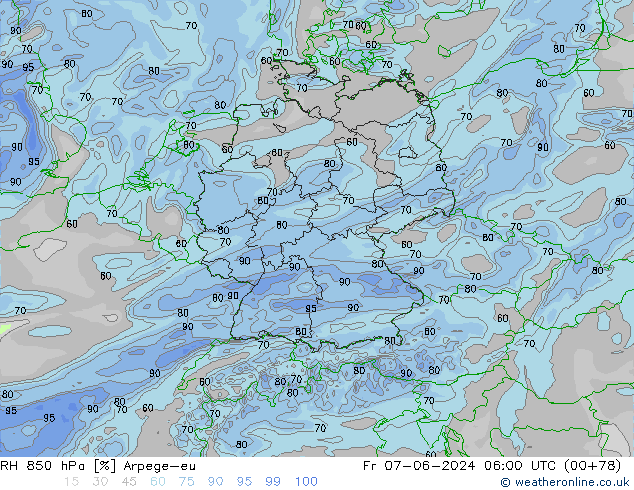 Humidité rel. 850 hPa Arpege-eu ven 07.06.2024 06 UTC