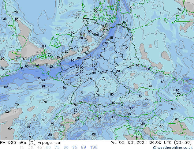 RH 925 гПа Arpege-eu ср 05.06.2024 06 UTC