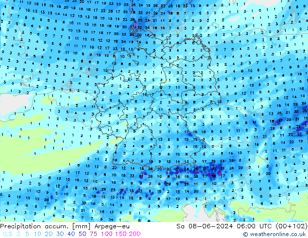 Precipitation accum. Arpege-eu So 08.06.2024 06 UTC