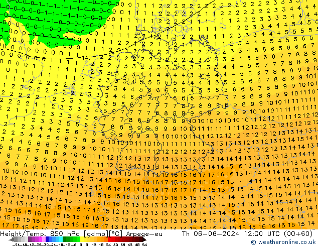 Height/Temp. 850 hPa Arpege-eu Th 06.06.2024 12 UTC