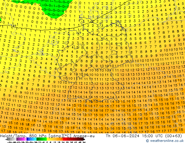 Height/Temp. 850 hPa Arpege-eu Th 06.06.2024 15 UTC