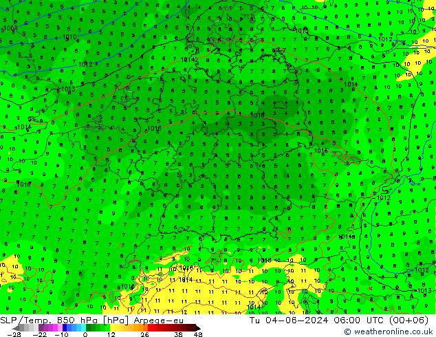 SLP/Temp. 850 hPa Arpege-eu Tu 04.06.2024 06 UTC