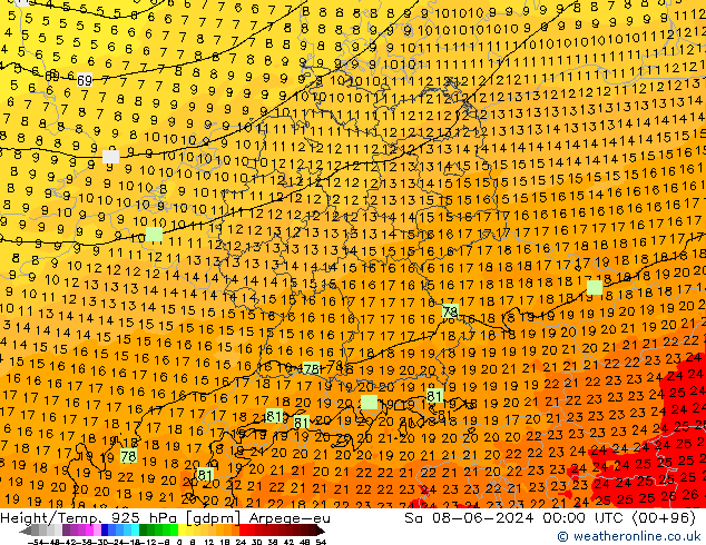 Height/Temp. 925 hPa Arpege-eu Sa 08.06.2024 00 UTC