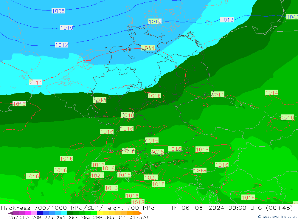 Thck 700-1000 hPa Arpege-eu jeu 06.06.2024 00 UTC