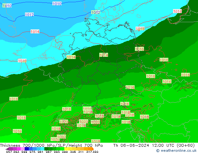 Thck 700-1000 гПа Arpege-eu чт 06.06.2024 12 UTC