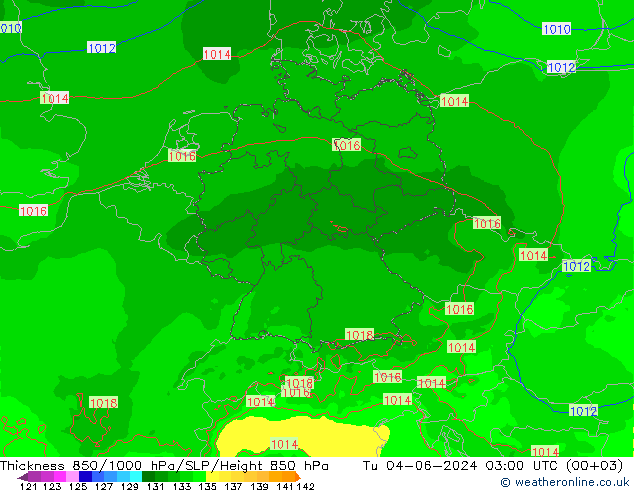 Thck 850-1000 hPa Arpege-eu 星期二 04.06.2024 03 UTC