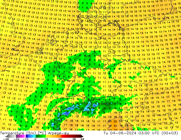 Temperature (2m) Arpege-eu Tu 04.06.2024 03 UTC