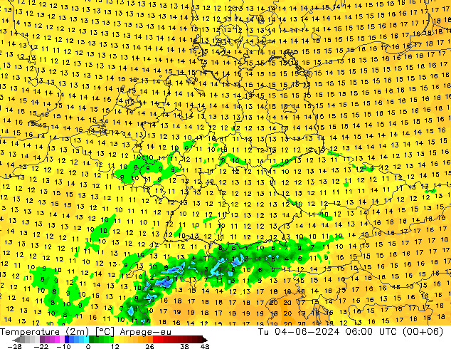 Temperatura (2m) Arpege-eu mar 04.06.2024 06 UTC