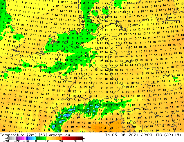 Temperatura (2m) Arpege-eu jue 06.06.2024 00 UTC