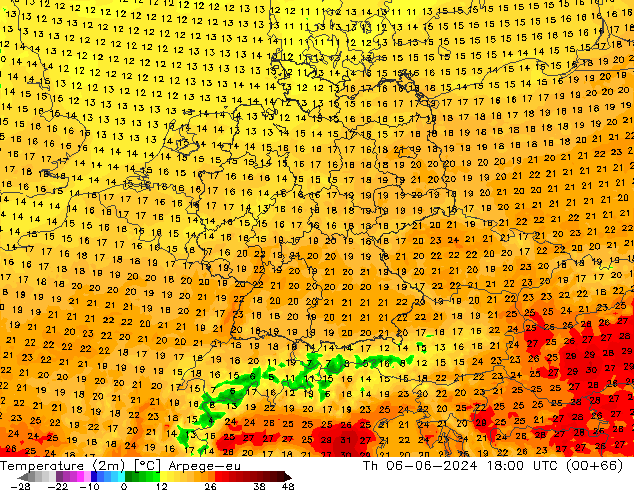 mapa temperatury (2m) Arpege-eu czw. 06.06.2024 18 UTC