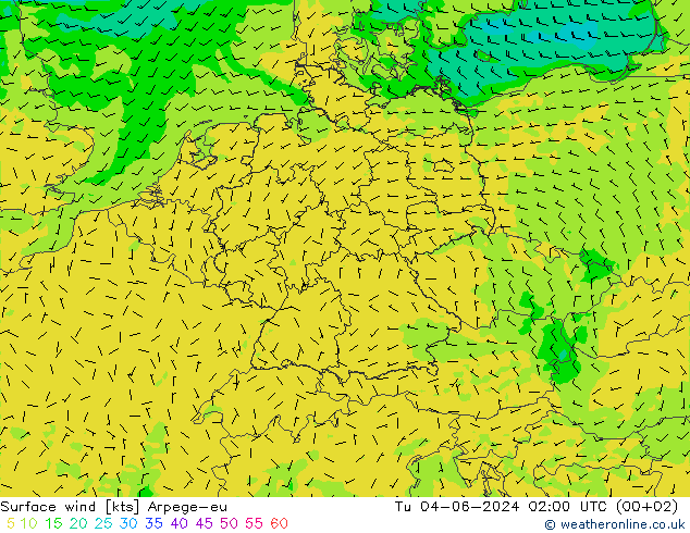 Surface wind Arpege-eu Tu 04.06.2024 02 UTC